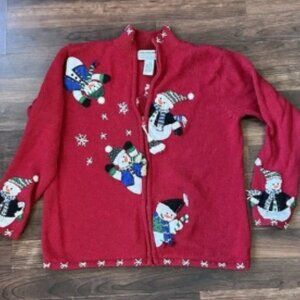 Tiara International Sweater Woman's Size‎ Small Red Full Zip Snow Men Vintage